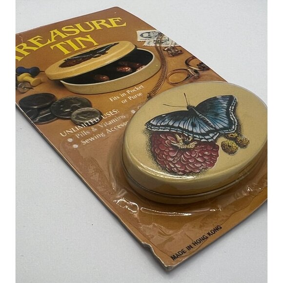 VTG 1970s Butterfly Small Treasure‎ Tin Pill Holder Hair Pins Coin Holder NOS - Picture 2 of 4